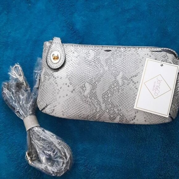 Jen & Co NWT Grey Snakeskin Leather Handbag Includes Crossbody & Wristlet Straps - Picture 1 of 9